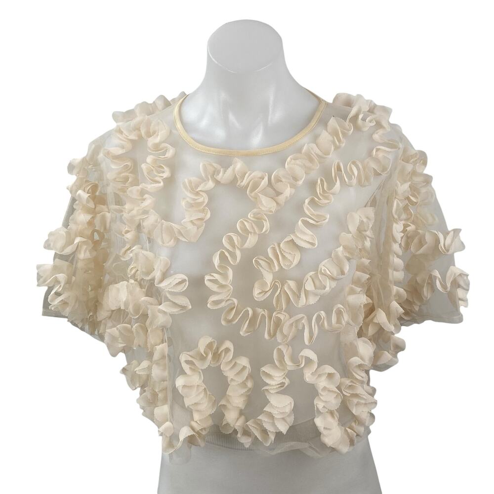 Zara Women's Cream Sheer Mesh Ruffle 3D Short Sleeve Cropped Blouse Top Size M